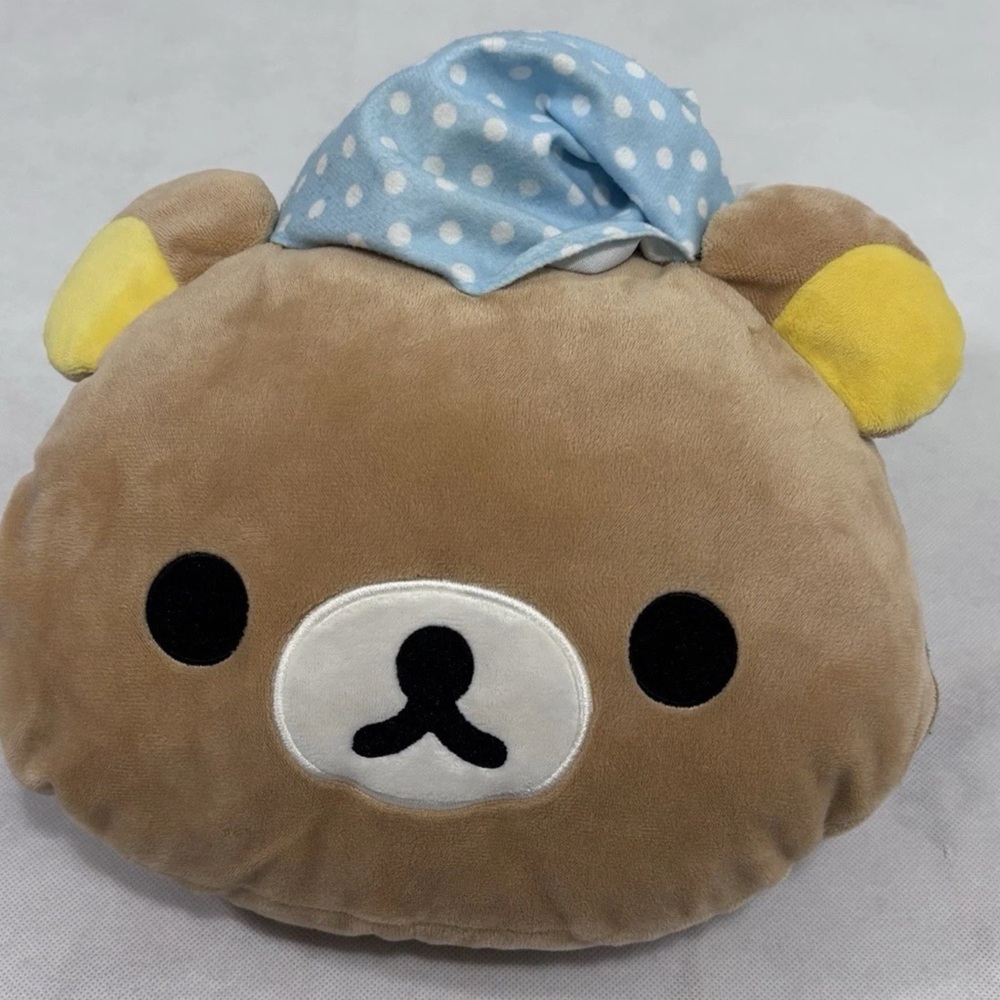 Rilakkuma Plush Hand Warmer Pillow 12” San-X Blue Polka Dot Hat Japan